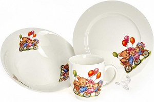 Набор посуды  фарфор 3 пр. РОСАРИО (Ф14-008)  (кружка (200мл), тарелка, миска)"Мишки на велосипеде"