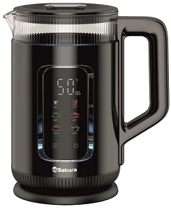 Чайник SAKURA   SA-2751 DBK  (1.8 кВт, 1.5 л, ЗНЭ, 2-слойный корпус (стекло + пластик), 6 темпер.реж, сенсор.управ)