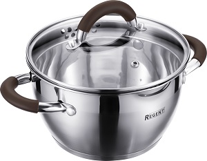 Кастрюля нерж. REGENT  TRUFFLE   2.3 л/18 см  (67-0318)  (со сливом, СТ.кр, литраж, силикон.ручка)  (индукция)