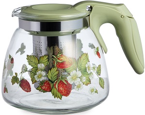 Чайник заварочный  стекло  AGNESS  900 мл  (885-108) (с ситечком)  ЗЕМЛЯНИКА