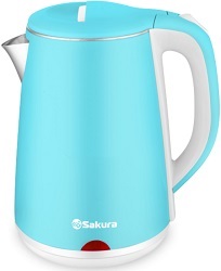 Чайник SAKURA SA-2150 WBL  (1.8 кВт, 2.2 л, ЗНЭ, двойная стенка) ГОЛУБОЙ нерж.корпус