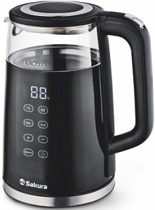 Чайник SAKURA SA-2738 DBK  (1.7 кВт, 2.2 л, ЗНЭ, сенсор.управ, LED дисплей) стекло, подсветка