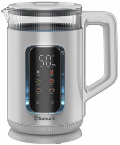 Чайник SAKURA   SA-2751 DW  (1.8 кВт, 1.5 л, ЗНЭ, 2-слойный корпус (стекло + пластик), 6 темпер.реж, сенсор.управ)