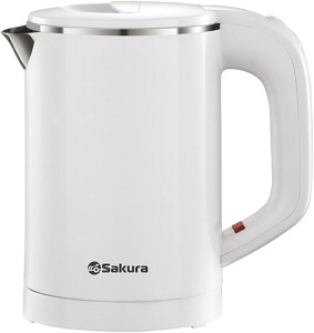 Чайник SAKURA SA-2158 W  (1.0 кВт, 0.6 л, ЗНЭ, двойная стенка) БЕЛЫЙ нерж.корпус
