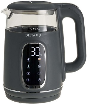 Чайник DELTA  LUX    DE-1027  СЕРЫЙ  (2.2 кВт, 1.7 л, ЗНЭ, 5 реж, LCD-дисплей) стекло, подсветка