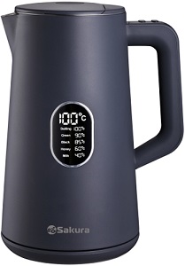 яЧайник SAKURA  SA-2171 G  (1.8 кВт, 1.5 л, ЗНЭ, двойная стенка, LED-дисплей)  СЕРЫЙ