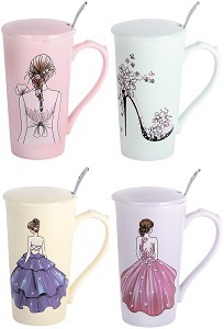 яКружка  420 мл  (173776)  ЛЕТАЮЩАЯ ЛЕДИ  д/заваривания (4 диз) (фарфор), подар/у,  КОРАЛЛ