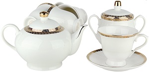 Набор чайный  фарфор 14 пр  220 мм  (912599)+ чайник,сахарница, ЗОЛОТОЙ ЛЕД, подар/уп,  КОРАЛЛ