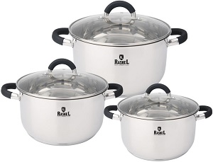 Набор посуды  RASHEL  КОМФОРТ  (R-346к)  6 пр. (2.0/2.8/3.8 л, СТ.кр, мерная шкала, силикон.ручки)  (индукция)