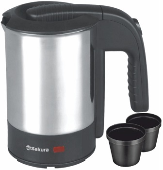 Чайник SAKURA      SA-2189  (1.0 кВт, 500 мл, ЗНЭ) с 2 стаканами по 60 мл, нерж.корпус